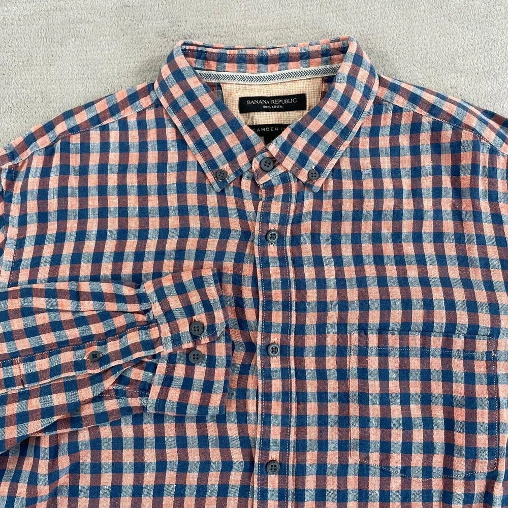 Banana Republic Shirt Men Large Blue Orange Check 100%‎ Linen Camden Fit Preppy